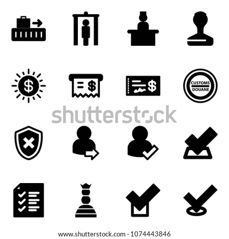 Solid vector icon set - baggage vector, metal detector gate, recieptionist, stamp, dollar sun, receipt, check, customs road sign, shield cross, user login, list, chess queen