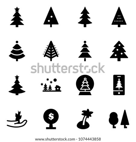 Solid vector icon set - christmas tree vector, landscape, snowball, mobile, hand sproute, money, palm, forest