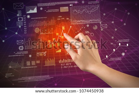 Female hand touching charts and graphs on a red and purple background