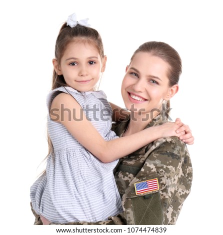 Female soldier with her daughter on white background. Military service