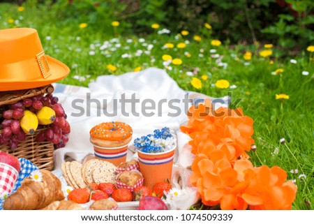 Picnic in the celebration of the king's day. Spring in the Netherlands. Bright decor and dishes. Sweets
