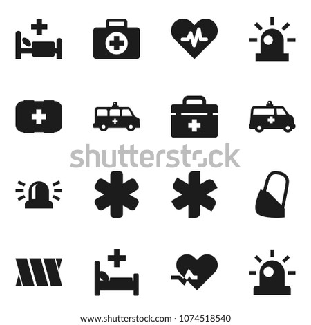 Flat vector icon set - first aid kit vector, doctor bag, ambulance star, heart pulse, hospital bed, amkbulance car, bandage, siren