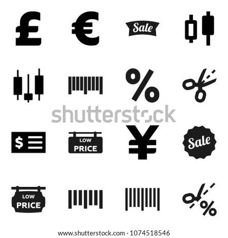 Flat vector icon set - japanese candle vector, receipt, euro sign, pound, yen, barcode, low price signboard, sale, percent, coupon