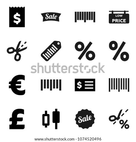 Flat vector icon set - japanese candle vector, receipt, euro sign, pound, barcode, low price signboard, sale, percent, coupon