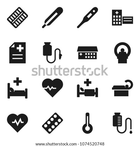 Flat vector icon set - heart pulse vector, thermometer, pills blister, anamnesis, hospital bed, building, tomography, drop counter