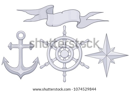 Set of nautical elements. Steering wheel, windrose, anchor, ribbon banner. Hand drawn sketch. Vector illustration isolated on white background