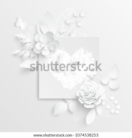 Paper flower. Square frame with abstract cut flowers. White rose. A heart. Wedding decorations. Decorative bridal bouquet, isolated floral design elements. Greeting card template on white background.