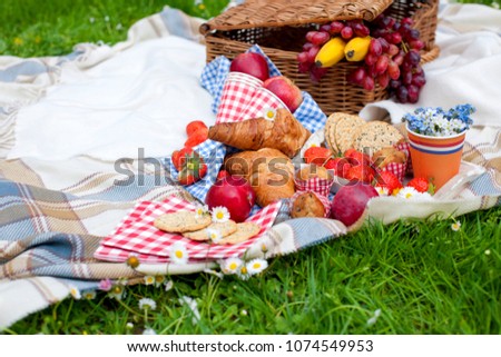 picnic basket and food. Green meadow with flowers. Spring in the Netherlands. holidays
