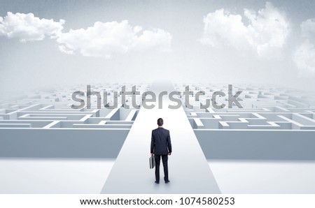 Businessman going straight ahead on a wide road between mazes Royalty-Free Stock Photo #1074580253