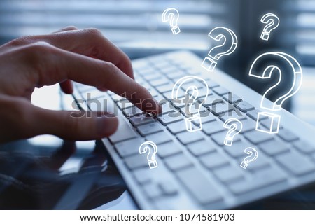 ask quiestion online, FAQ concept, what where when how and why, search information on internet Royalty-Free Stock Photo #1074581903