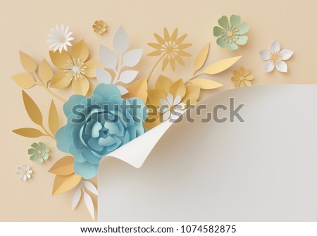 3d render, pastel paper flowers, botanical background, corner element, page curl, beautiful bouquet, floral arrangement, baby shower invitation, blue rose, peony, daisy, leaves