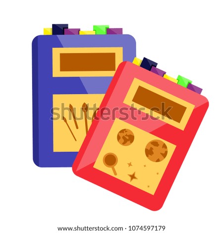 Two books, textbook, schoolbook with bookmarks, tagging for science, drawing, astronomy. School office supplies, stationery. Modern flat cartoons style vector illustration icon. Isolated on white back