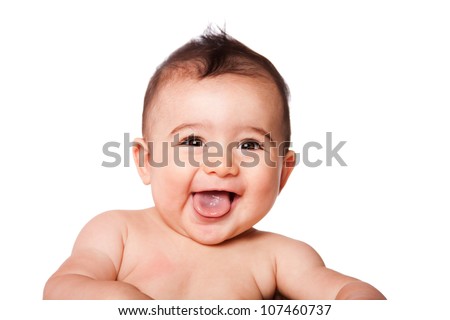 Beautiful expressive adorable happy cute laughing smiling baby infant face showing tongue, isolated. Royalty-Free Stock Photo #107460737