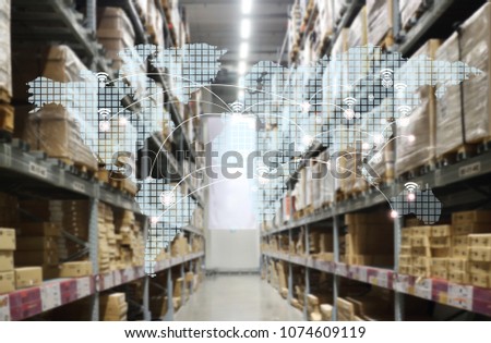 world map with AR application for check order pick time in smart factory warehouse,  connection for Logistic Import Export ,interior of warehouse. Rows of shelves with boxes