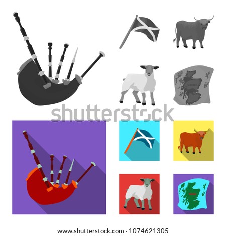 The state flag of Andreev, Scotland, the bull, the sheep, the map of Scotland. Scotland set collection icons in monochrome,flat style vector symbol stock illustration web.