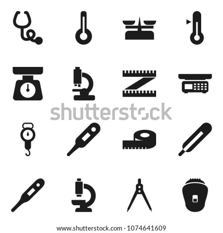 Flat vector icon set - scales vector, thermometer, drawing compass, measuring, stethoscope, microscope, store, epilator
