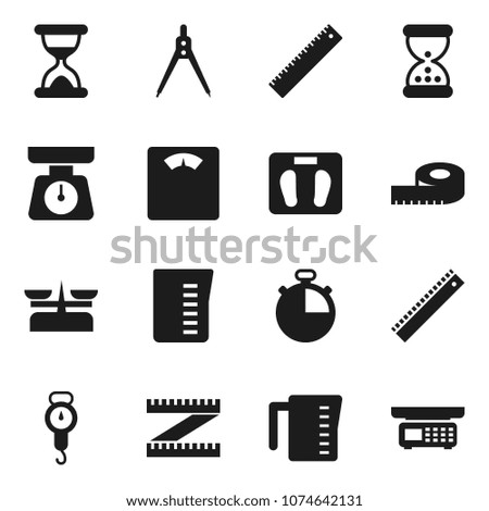 Flat vector icon set - measuring cup vector, scales, ruler, drawing compass, stopwatch, sand clock, store