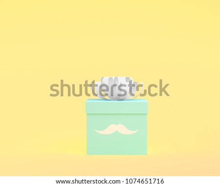 Blue gift box with white ribbon on yellow background for copy space. Happy Fathers Day, minimal concept idea. Father's Day is a celebration honoring fathers and celebrating fatherhood, paternal bonds