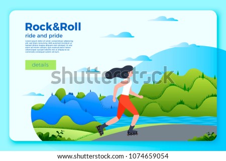 Vector bright summer skating banner template with girl on a skate. Road, river and green hills on a bright blue background. With place for your text.