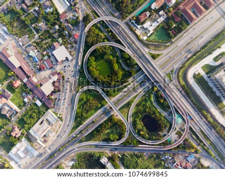 Aerial top view photo from flying drone of a Road traffic an important infrastructure in Thailand