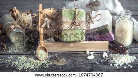 Spa still life on a wooden background, the concept of body care and spa treatments