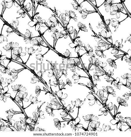 Cherry tree flowers. Ink graphic seamless pattern. Hand drawn illustration. Wallpaper, fabric, gift paper design.