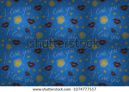 Amazing seamless pattern for design, fashion, stationery. Raster seamless doodle pattern in romantic blue, yellow and brown colors. Abstract letter, hearts and rose flower.