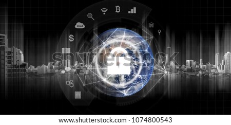 Global network security system technology. Globe and network connection and lock with applications icon. Element of this image are published by NASA