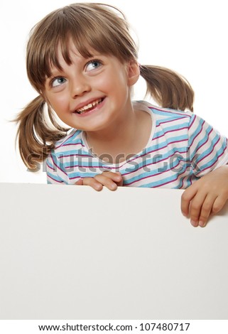 happy little girl with white blank with empty space for text or picture