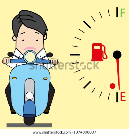 Young man driving a motorcycle With great caution When look at into the gas meter. Flat vector illustration design.
