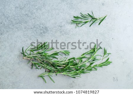 Flatlay with rosemary sprigs arranged on metallic background with text space at the center