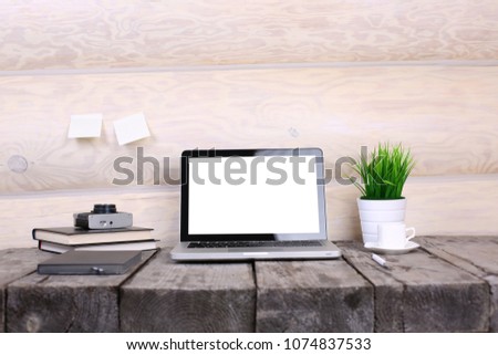 Work place concept : Mock up Blank screen computer desktop with keyboard co-working background