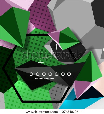 Color 3d geometric composition poster. Vector illustration of colorful triangles, pyramids, hexagons and other shapes on grey background