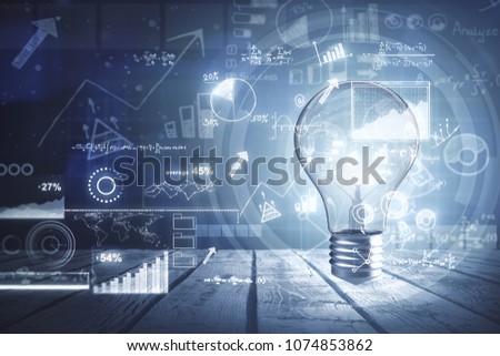 Abstract glowing lamp with business interface. Innovation and future concept. 3D Rendering 