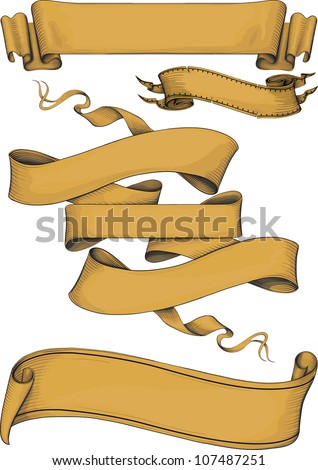 ribbon banners engraving style. Color. Isolated on white