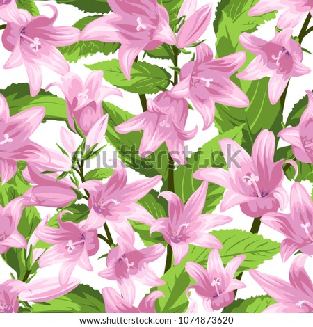 Seamless Pattern with Campanula - flowers, isolated on white background. Hand-drawn illustrations.