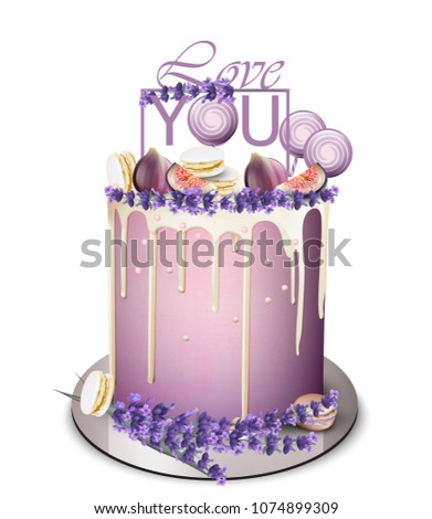 Lavender cake with fig fruits on top Vector realistic. White chocolate frosting. Birthday, anniversary, wedding royal desserts