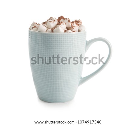 Cup of delicious cocoa drink with marshmallows on white background