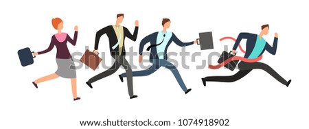 Business people running with leader crossing finish line. Teamwork and leadership vector concept. Success business man, people and businessman on competition illustration