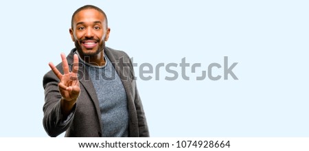 African american man with beard raising finger, is the number three isolated over blue background