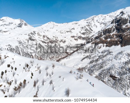 Aerial View of Group of touring skiers. Ski touring in the mountains. From Above. Ski tour group. Monte Rosa Masif Aosta. Skiers on the ridge. Aerial - group ski touring skin uphill in a line.