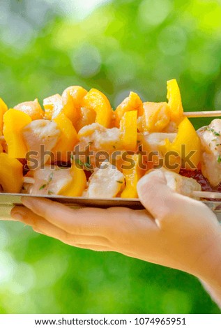 closeup of Raw chicken skewers resting on a tray with a green background