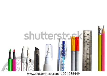 The colorful office and school supplies, stationary accessories isolated on white background with space for text.