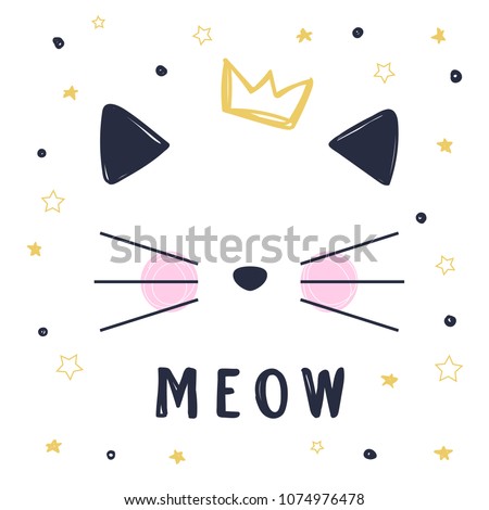 Hand drawn vector illustration of a funny cat girl face with crown and text Meow. Isolated objects on white background.