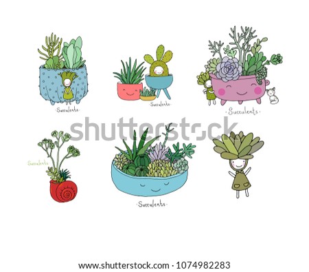 set with cute cartoon succulents. cactus and aloe in pots. Small elves and fairies.