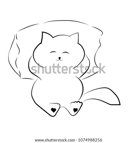 vector black outline drawing cute fat cat lying on the pillow