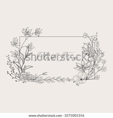 Black Hand Drawn Floristic Frame Border with Delicate Flowers, Branches, Plants with Geometric Shape. Decorative Outlined Vector Illustration. Floral Design Element.