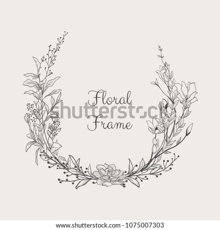 Black Hand Drawn Floristic Frame Border with Delicate Flowers, Branches, Plants. Decorative Outlined Vector Illustration. Floral Design Element.