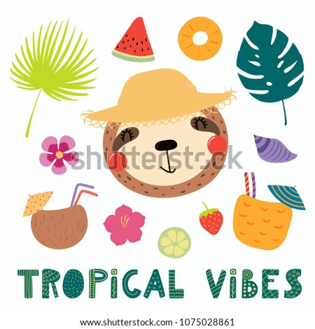 Hand drawn vector illustration of a cute funny sloth in a straw hat, with summer elements, lettering quote Tropical vibes. Isolated objects. Scandinavian style flat design. Concept for children print.
