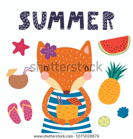 Hand drawn vector illustration of a cute funny fox in a striped dress, with a cocktail, summer elements, lettering quote. Isolated objects. Scandinavian style flat design. Concept for children print.